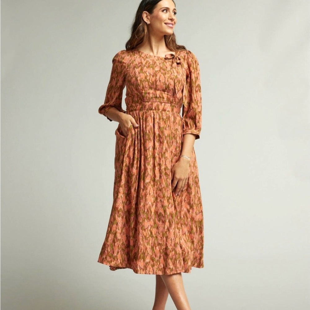 Downeast Coral Pink Pattern Midi Dress Women’s XS Modest Retro Soft Girl Peasant